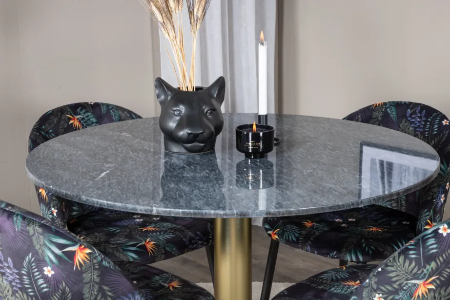 Estelle ümmargune marmorist söögilaud mustade lillemustriliste samettoolidega, GR20456 – 6