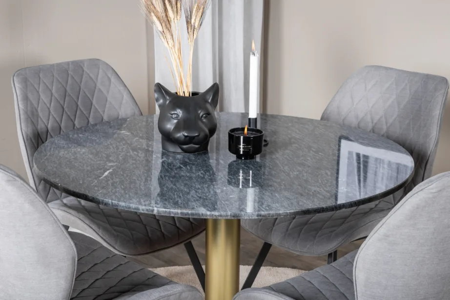 Ümmarguse marmorlauaplaadiga söögikomplekt Estelle, hallid polsterdatud toolid (4 tk), kuldse jalaga, GR20458 – 6