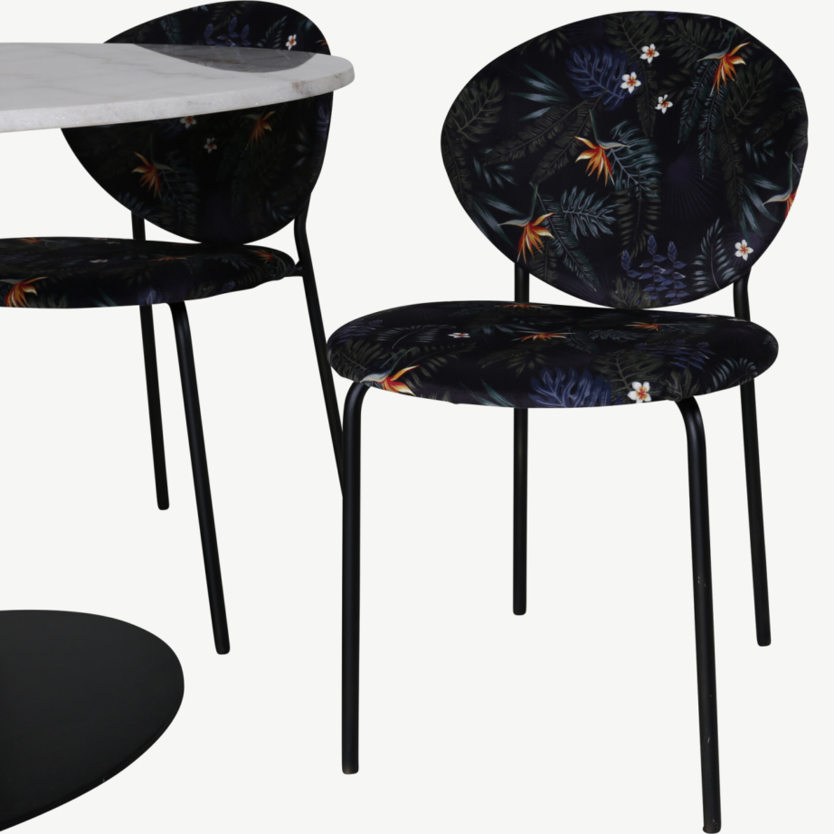 Estelle ümmargune söögilauakomplekt, marmorimustriga valge laud ja musta lillemustriga toolid, GR20460 – 2