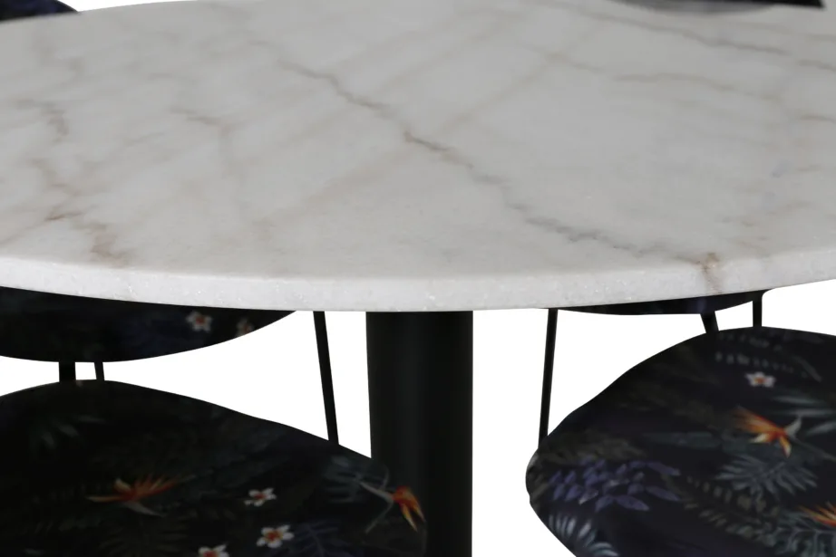 Estelle ümmargune söögilauakomplekt, marmorimustriga valge laud ja musta lillemustriga toolid, GR20460 – 3
