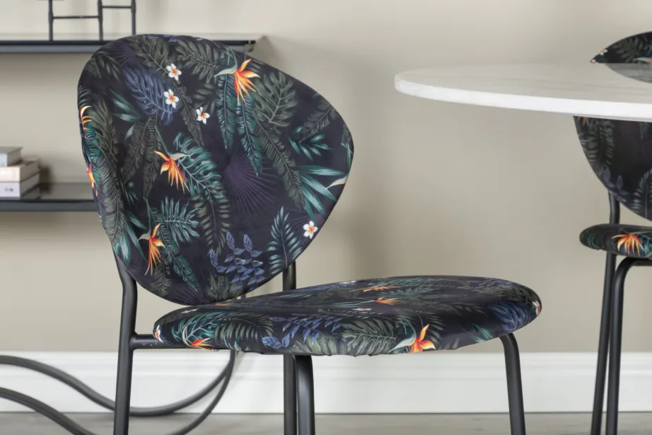 Estelle ümmargune söögilauakomplekt, marmorimustriga valge laud ja musta lillemustriga toolid, GR20460 – 5