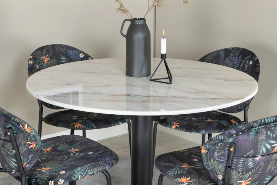 Estelle ümmargune söögilauakomplekt, marmorimustriga valge laud ja musta lillemustriga toolid, GR20460 – 6