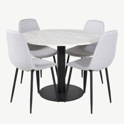 Estelle ümmargune valge marmorist söögilaud ja hallid Polar toolid (4 tk) - GR20464