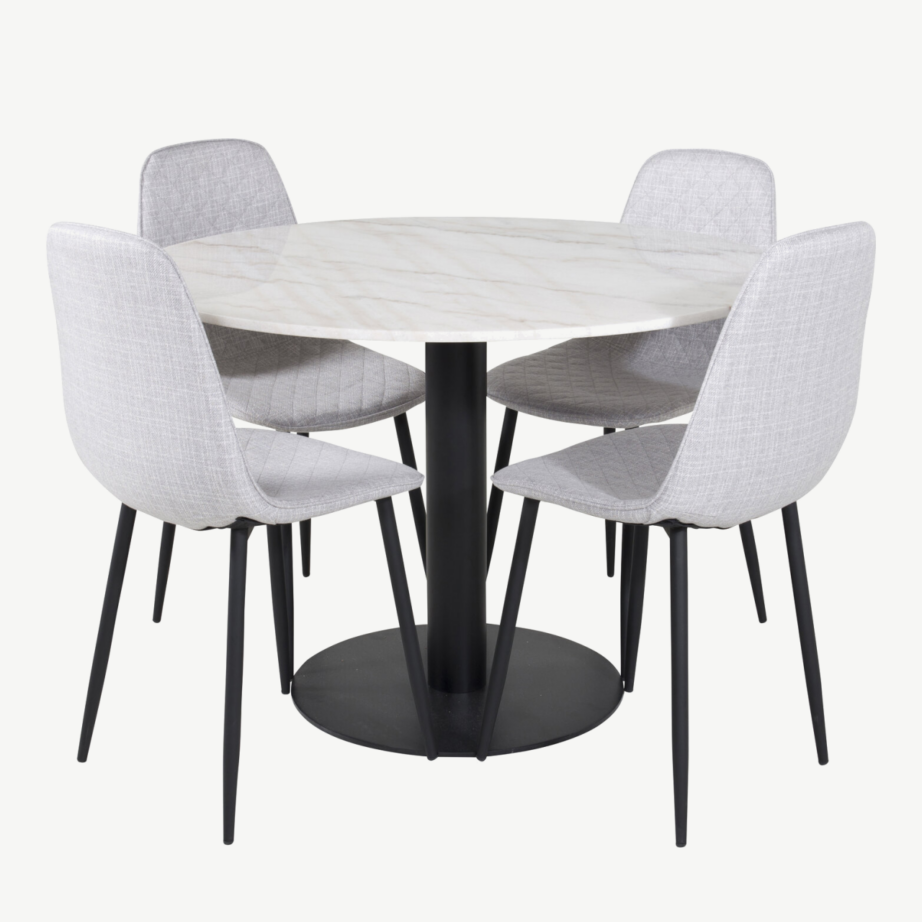 Estelle ümmargune valge marmorist söögilaud ja hallid Polar toolid (4 tk), GR20464