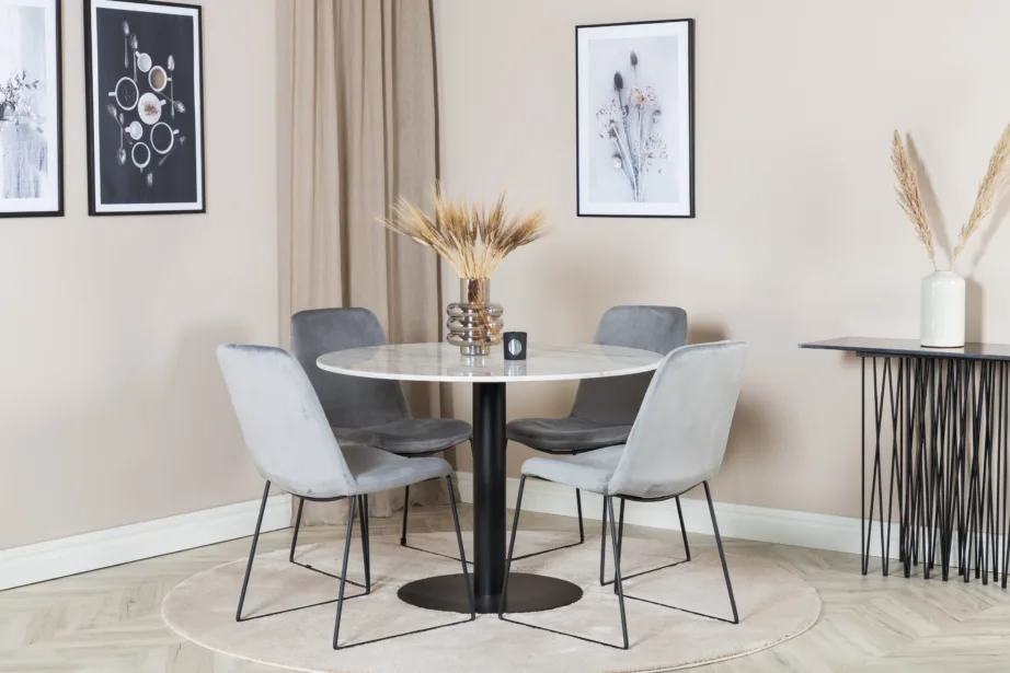 Estelle ümmargune marmorviimistlusega söögilauakomplekt hallide samettoolidega Muce, GR20470 – 3