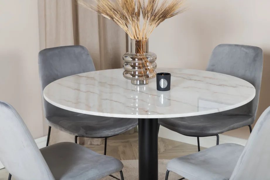 Estelle ümmargune marmorviimistlusega söögilauakomplekt hallide samettoolidega Muce, GR20470 – 5