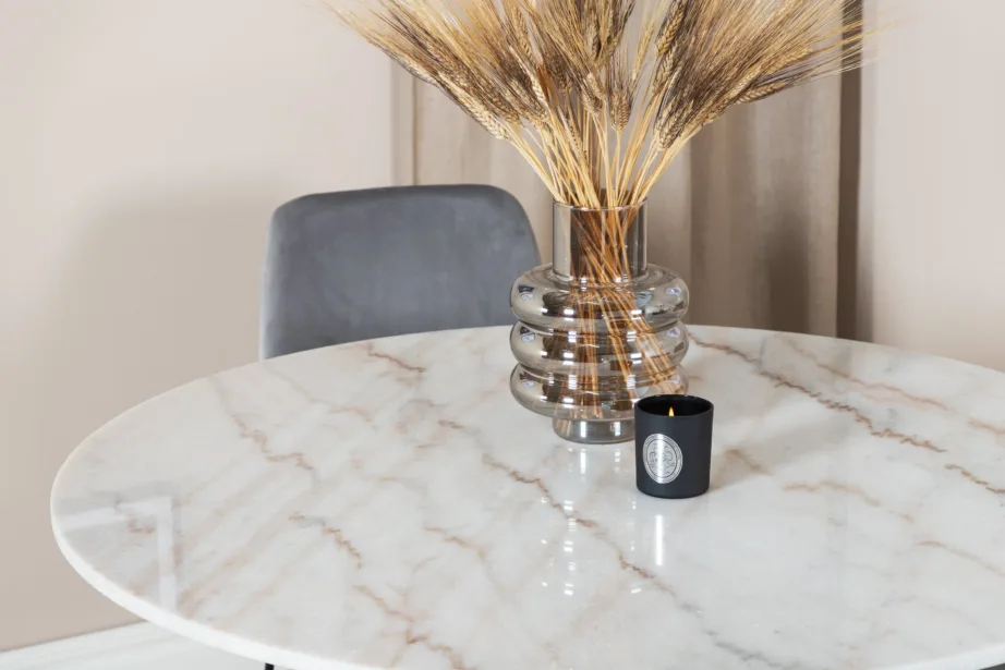 Estelle ümmargune marmorviimistlusega söögilauakomplekt hallide samettoolidega Muce, GR20470 – 6