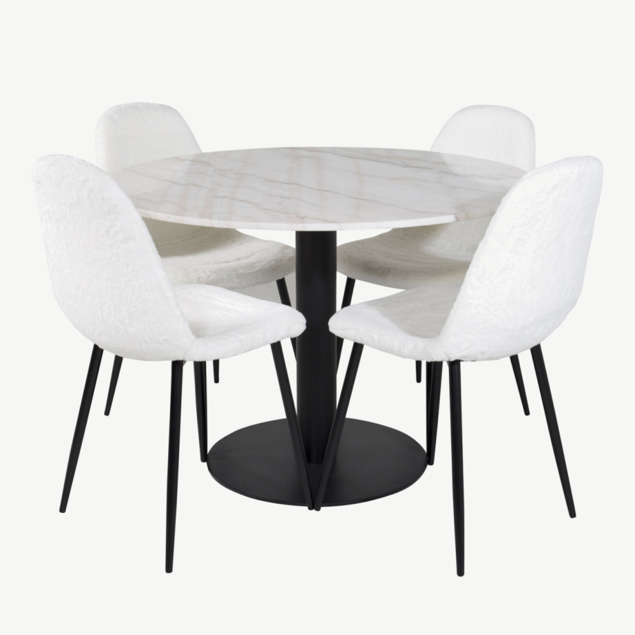 Estelle ümar marmorist söögilauakomplekt valgete bukleetoolidega (4 tk), mustad jalad, GR20474