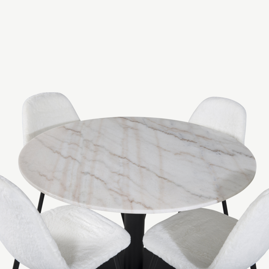 Estelle ümar marmorist söögilauakomplekt valgete bukleetoolidega (4 tk), mustad jalad, GR20474 – 3