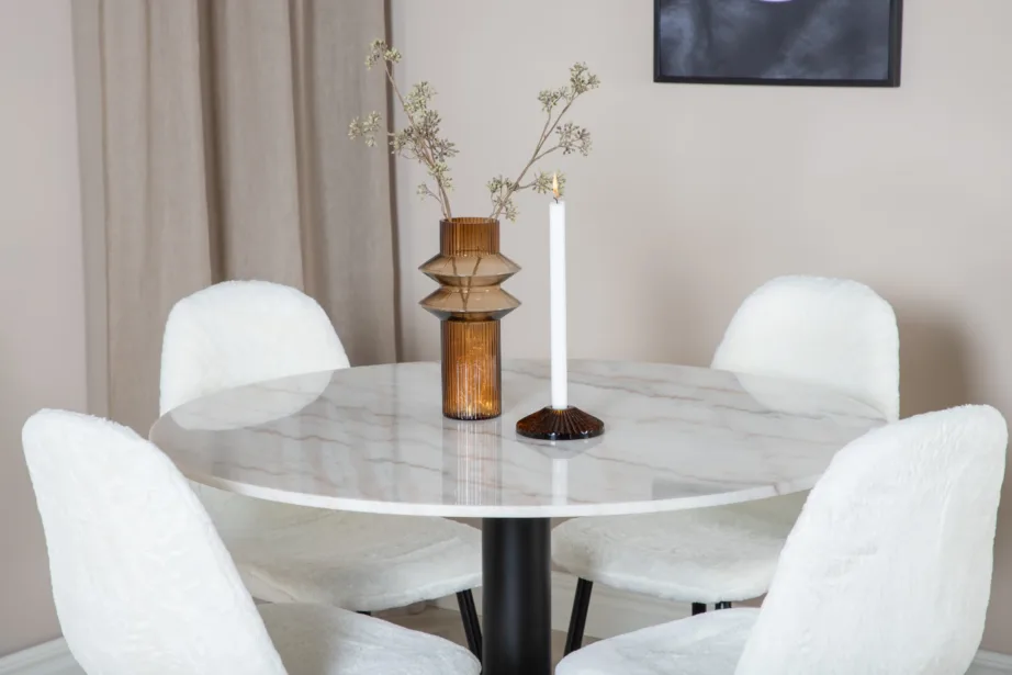 Estelle ümar marmorist söögilauakomplekt valgete bukleetoolidega (4 tk), mustad jalad, GR20474 – 6