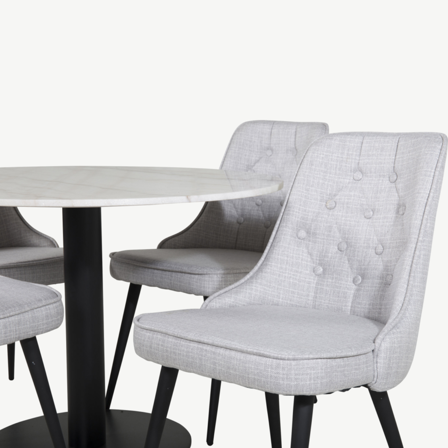 Estelle ümmargune marmorist söögilaud ja 4 helehalli polsterdatud tooli, GR20480 – 2