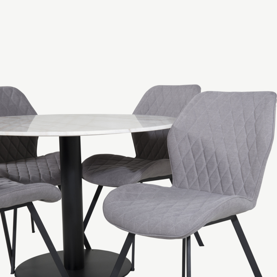 Estelle ümmargune marmorlauast söögikomplekt ja Gemma hallid söögitoolid (valge marmor, must metalljalg), GR20481 – 2