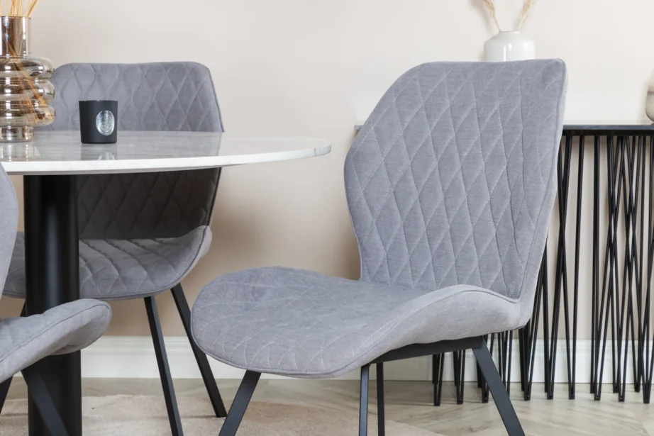 Estelle ümmargune marmorlauast söögikomplekt ja Gemma hallid söögitoolid (valge marmor, must metalljalg), GR20481 – 4