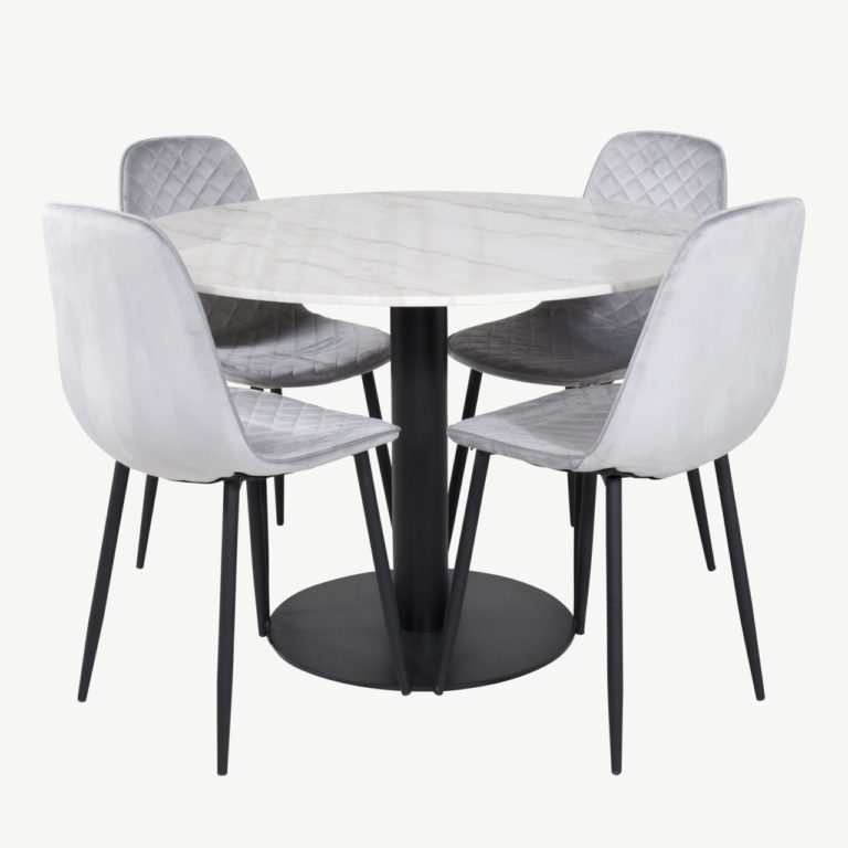 Ümmarguse marmorlauaplaadiga söögilaud Estelle ja hallid velvetist toolid Polar (4 tk), ø106 cm - GR20482