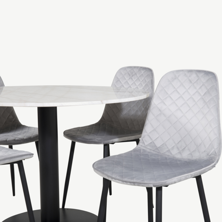 Ümmarguse marmorlauaplaadiga söögilaud Estelle ja hallid velvetist toolid Polar (4 tk), ø106 cm - GR20482