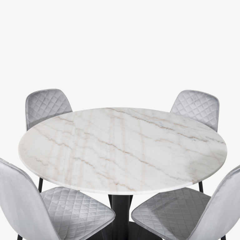 Ümmarguse marmorlauaplaadiga söögilaud Estelle ja hallid velvetist toolid Polar (4 tk), ø106 cm - GR20482