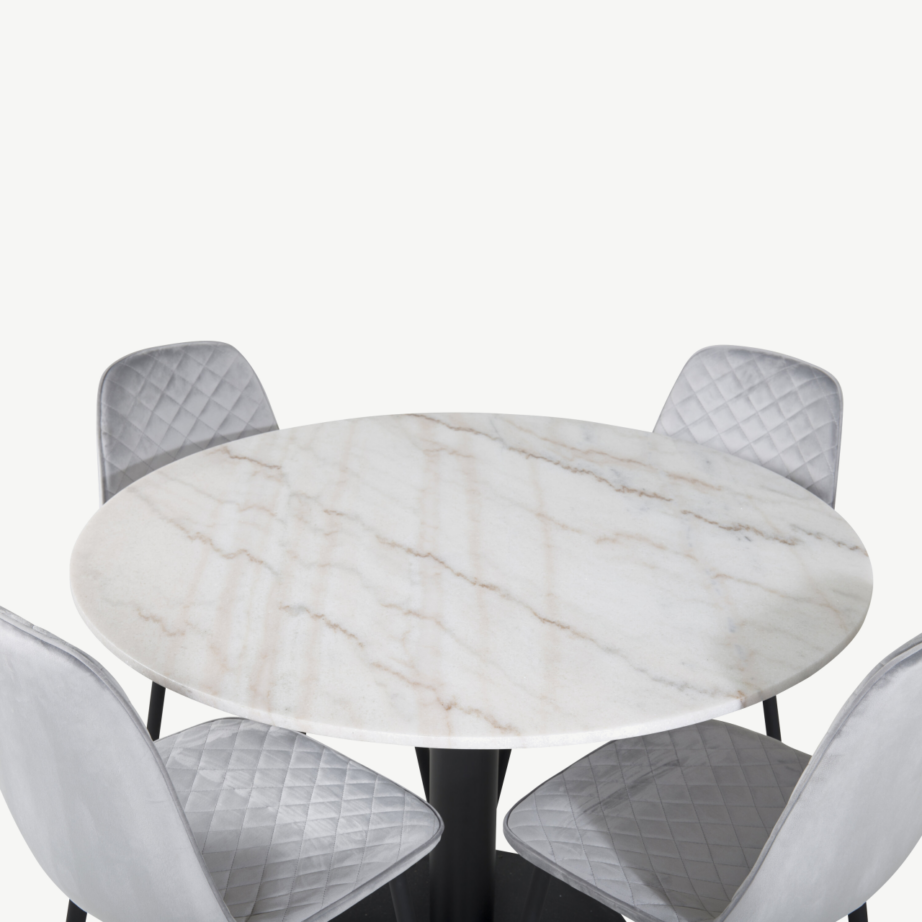 Ümmarguse marmorlauaplaadiga söögilaud Estelle ja hallid velvetist toolid Polar (4 tk), ø106 cm, GR20482 – 3