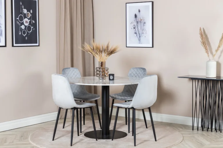 Ümmarguse marmorlauaplaadiga söögilaud Estelle ja hallid velvetist toolid Polar (4 tk), ø106 cm - GR20482