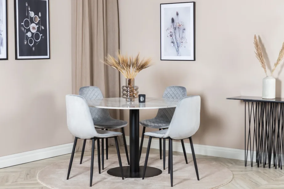 Ümmarguse marmorlauaplaadiga söögilaud Estelle ja hallid velvetist toolid Polar (4 tk), ø106 cm, GR20482 – 4