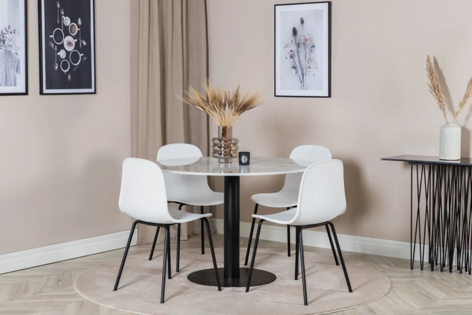 Ümar marmori imitatsiooniga söögilaud Estelle koos 4 Arctic valge tooliga, GR20483 – 4