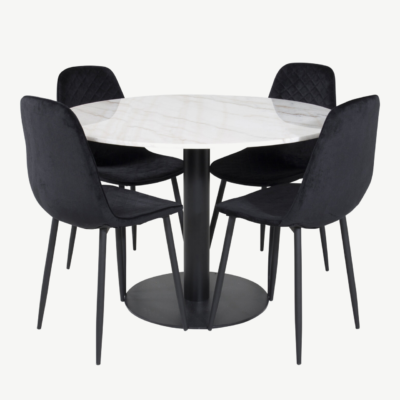 Ümmargune marmorist söögilaud Estelle koos mustade velvetkattega Polar toolidega - GR20484