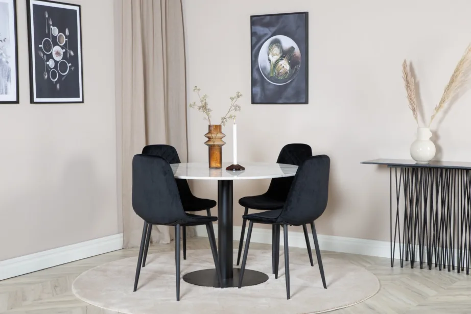Ümmargune marmorist söögilaud Estelle koos mustade velvetkattega Polar toolidega, GR20484 – 4