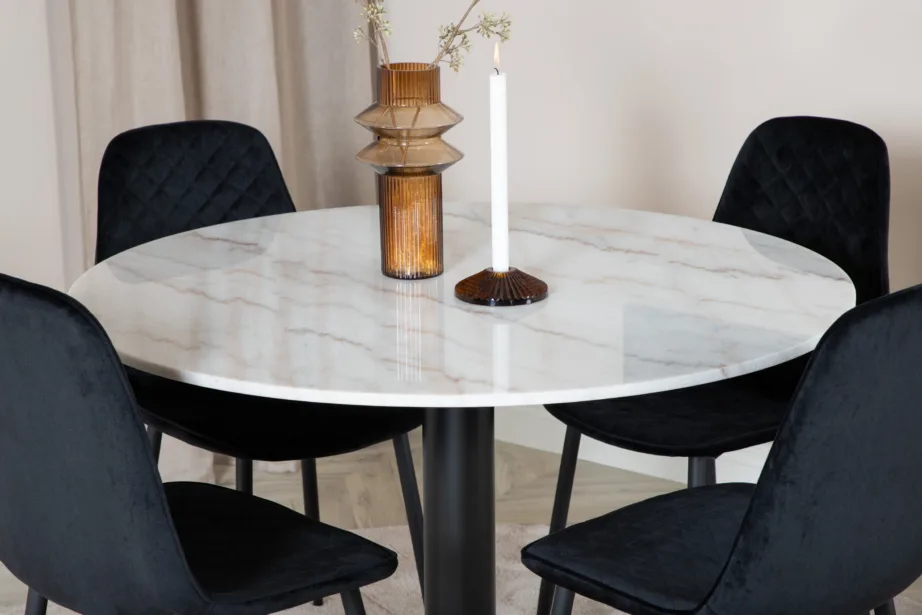 Ümmargune marmorist söögilaud Estelle koos mustade velvetkattega Polar toolidega, GR20484 – 6
