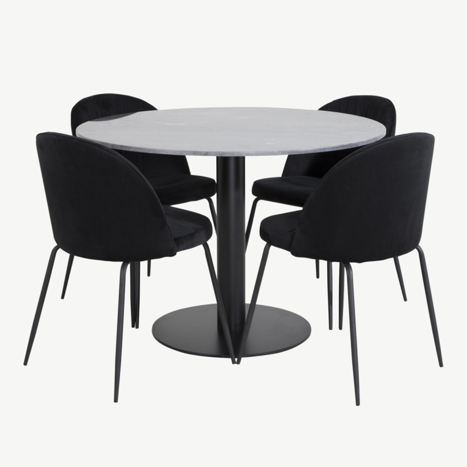 Estelle ümmargune söögikomplekt musta sametiga ja marmorpinnaga laud Ø106 cm, GR20485