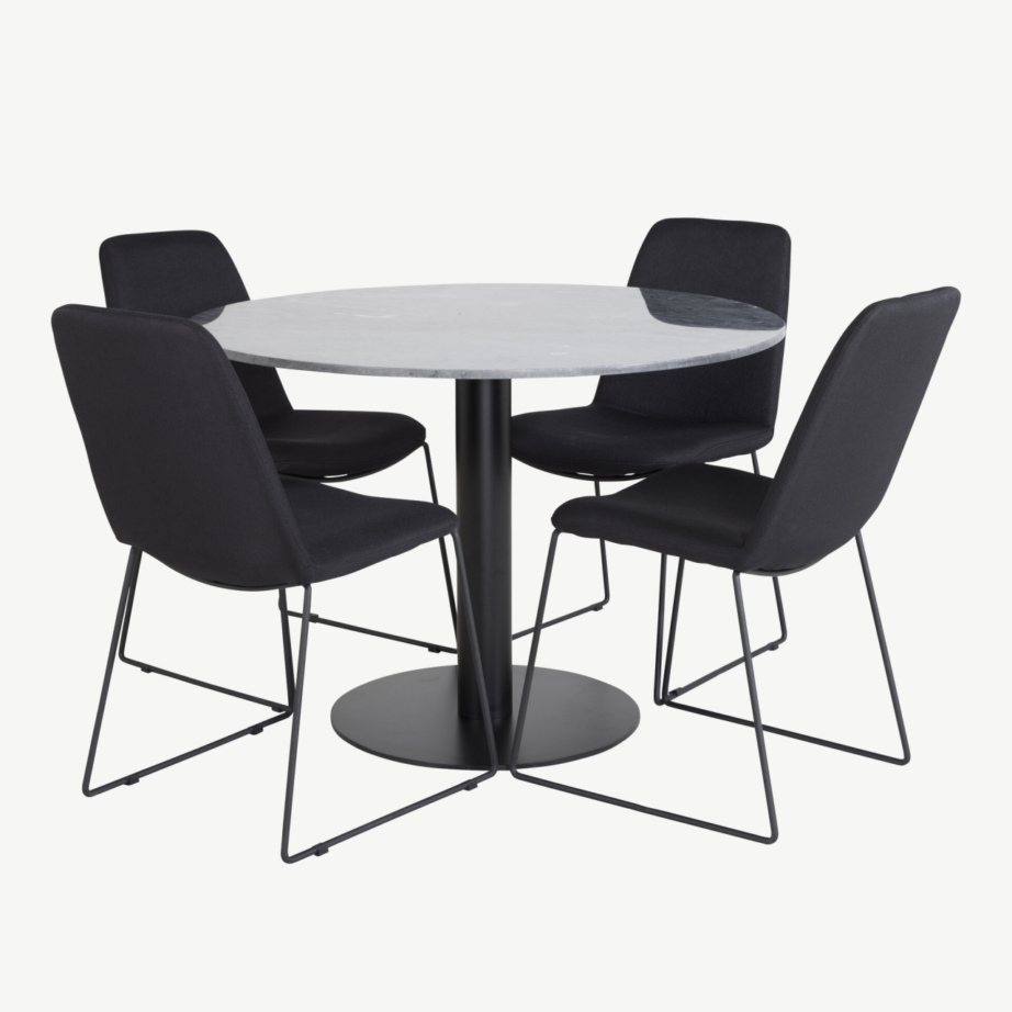 Estelle ümmarguse marmorist söögilaua ja mustade toolide komplekt (4 tk), GR20487
