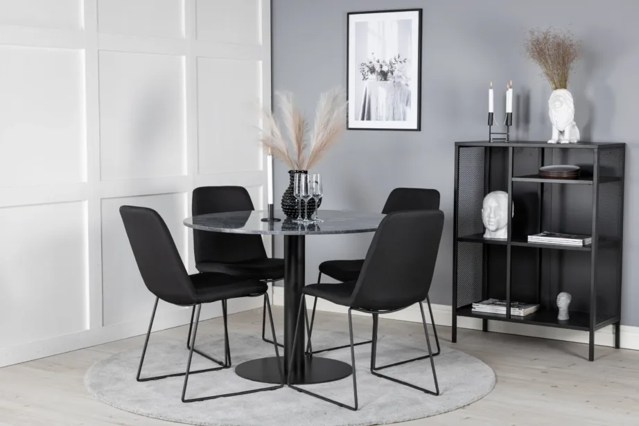 Estelle ümmarguse marmorist söögilaua ja mustade toolide komplekt (4 tk), GR20487 – 4