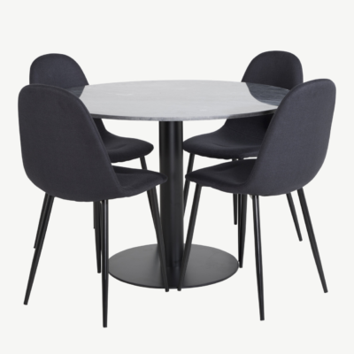 Ümmarguse marmorlauaplaadiga söögilaud Estelle ja mustad Polar toolid (4 tk) - GR20488