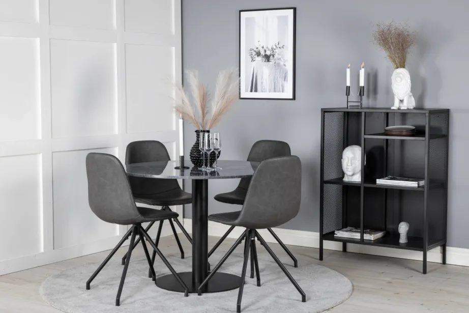 Estelle ümmargune marmorlauaga söögikomplekt nelja pöörleva musta Polar tooliga, GR20489 – 4