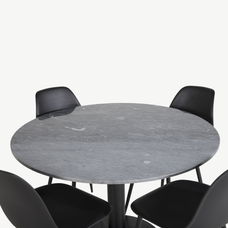 Ümmargune marmorist söögilauakomplekt Estelle mustade Polar toolidega, 106 cm - GR20491