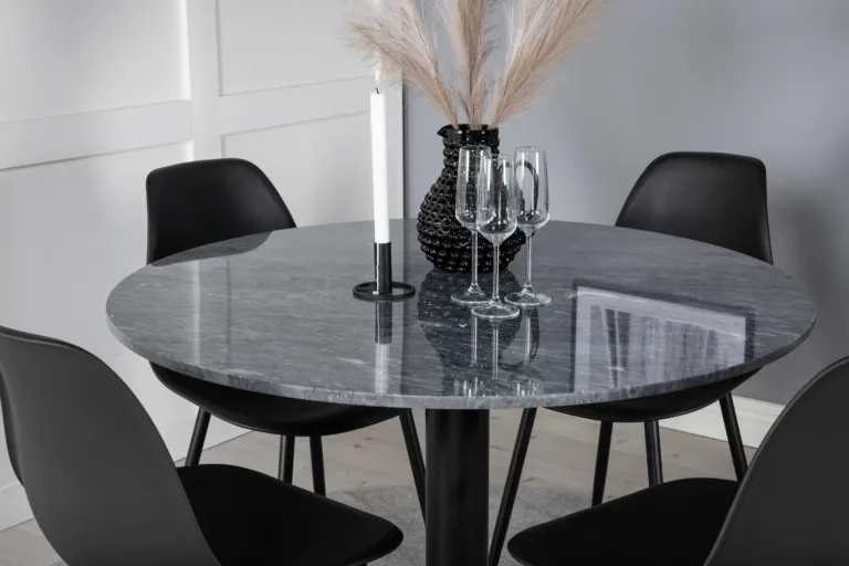 Ümmargune marmorist söögilauakomplekt Estelle mustade Polar toolidega, 106 cm - GR20491