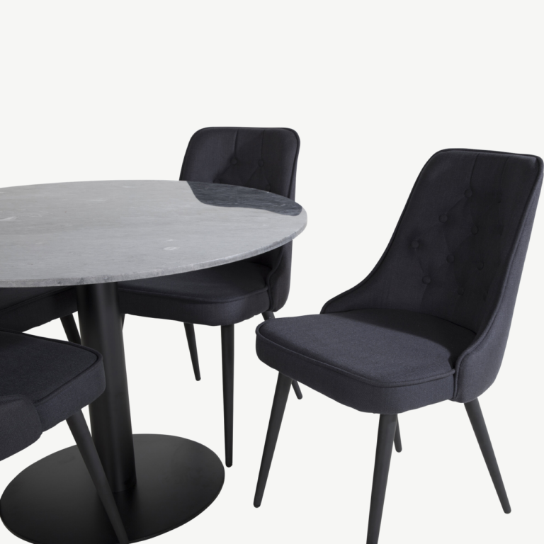 Estelle ümmargune marmorlauaga söögilauakomplekt mustade Velvet-toolidega, Ø106 cm - GR20492