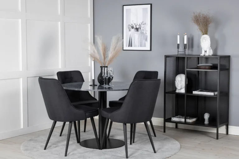 Estelle ümmargune marmorlauaga söögilauakomplekt mustade Velvet-toolidega, Ø106 cm - GR20492