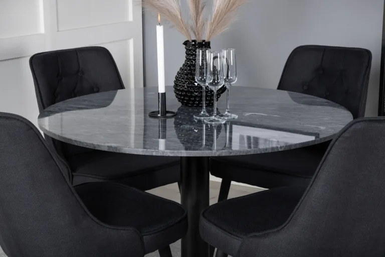 Estelle ümmargune marmorlauaga söögilauakomplekt mustade Velvet-toolidega, Ø106 cm - GR20492
