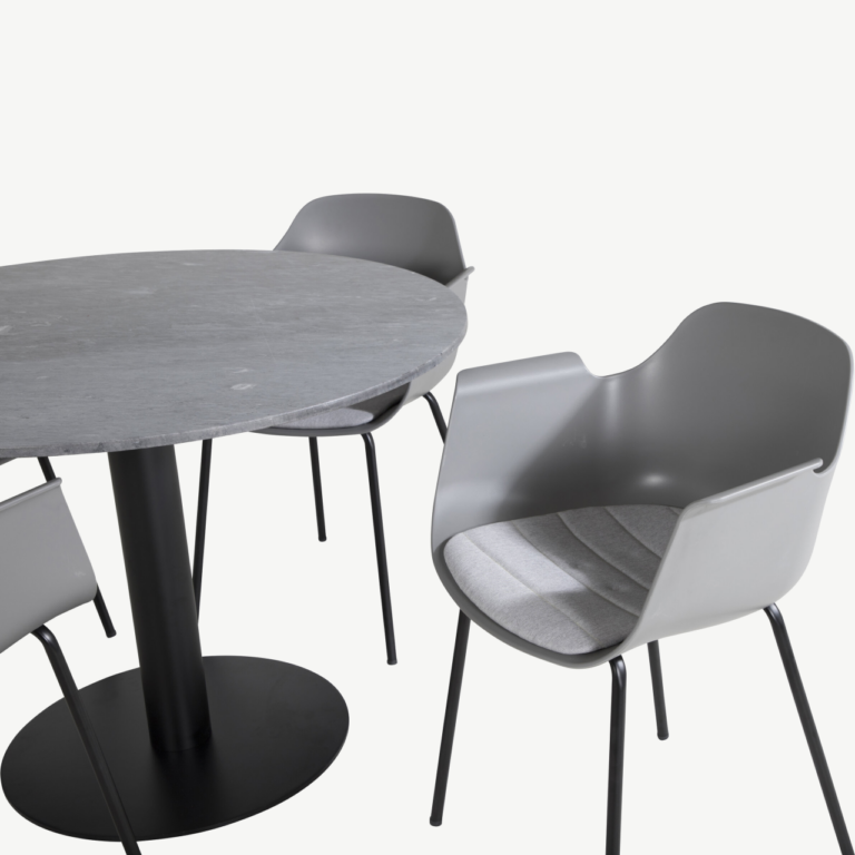 Ümmarguse marmorlauaplaadiga söögilaud Estelle ja hallid plasttoolid Comfort (4 tk) - GR20495
