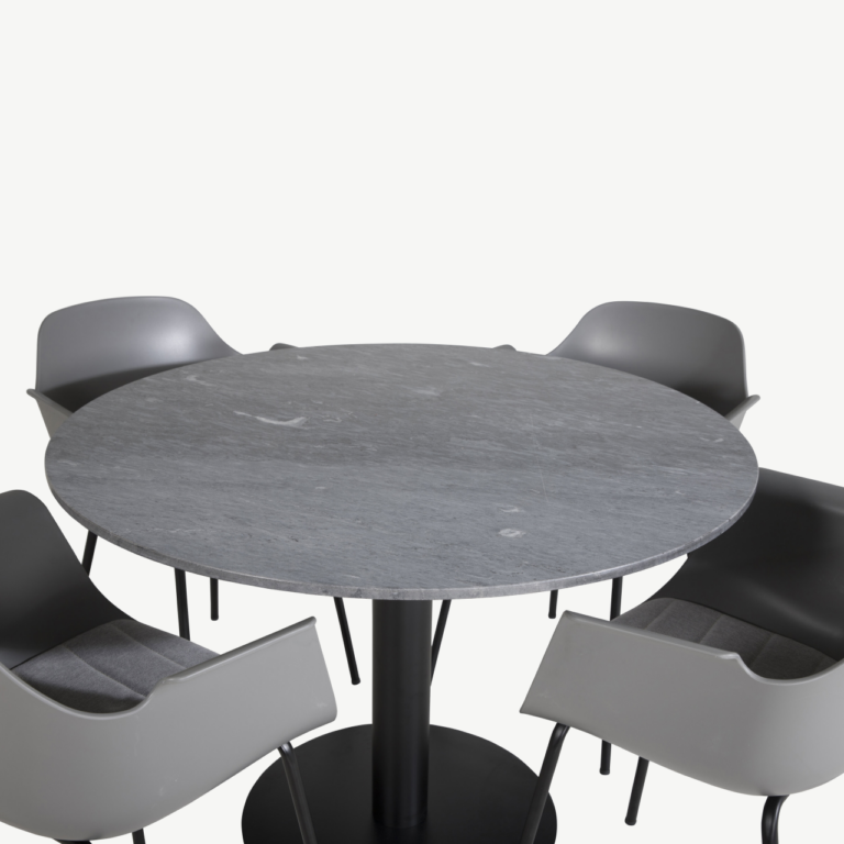Ümmarguse marmorlauaplaadiga söögilaud Estelle ja hallid plasttoolid Comfort (4 tk) - GR20495
