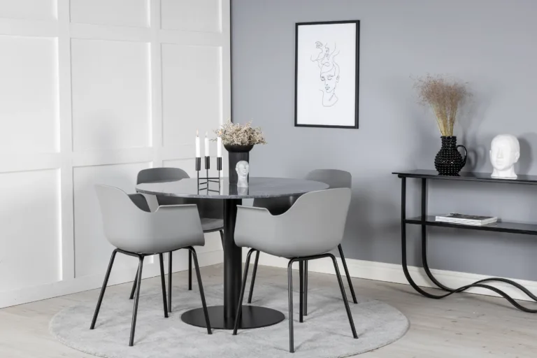 Ümmarguse marmorlauaplaadiga söögilaud Estelle ja hallid plasttoolid Comfort (4 tk) - GR20495