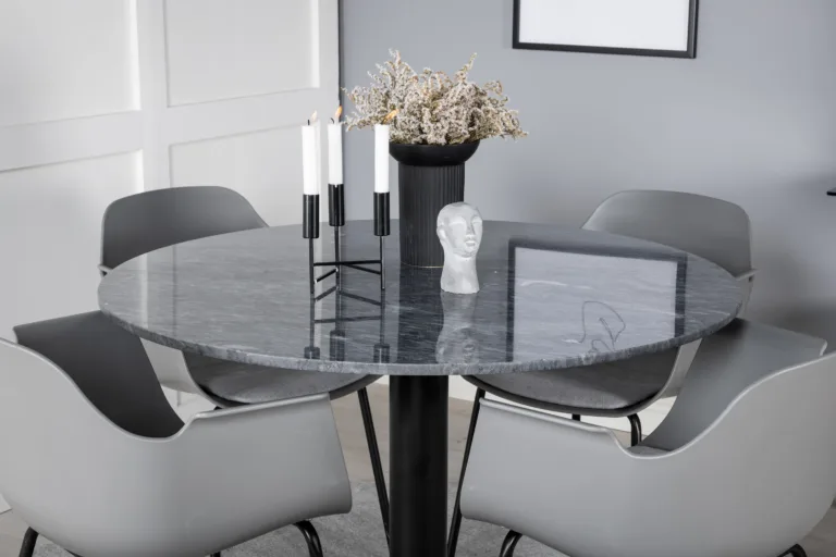 Ümmarguse marmorlauaplaadiga söögilaud Estelle ja hallid plasttoolid Comfort (4 tk) - GR20495