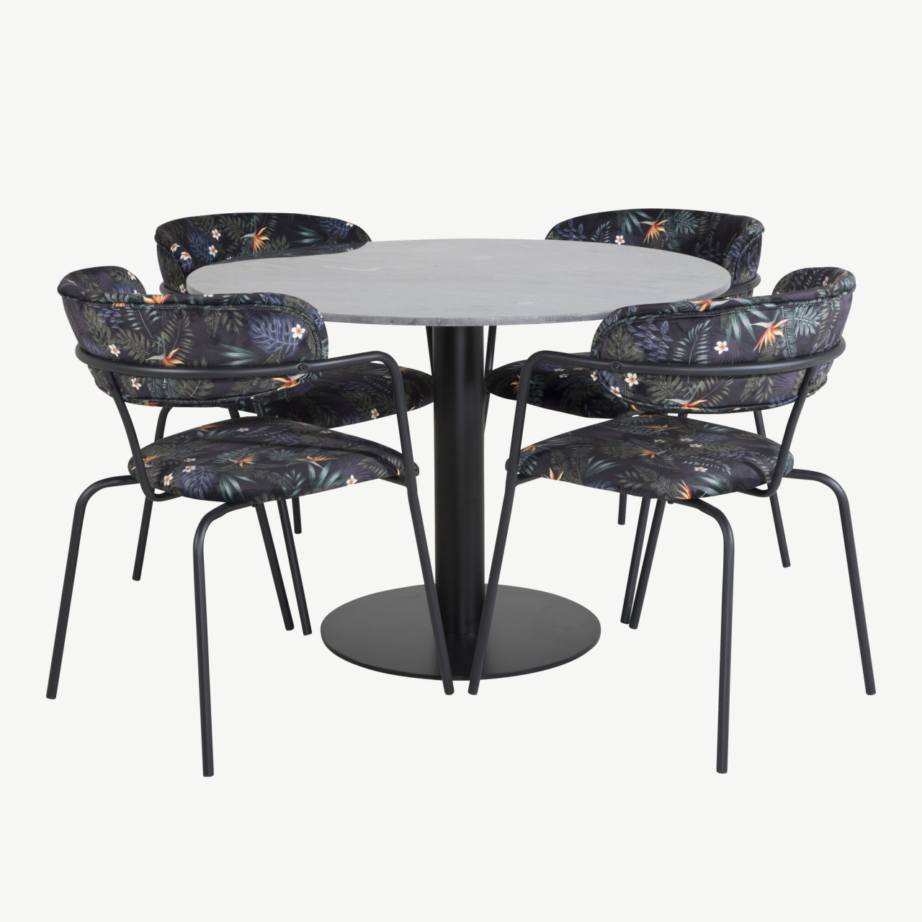 Ümmarguse marmorlauaga söögilaud Estelle ja Arrow tugitoolide komplekt (must, lillemustriline, ø106 cm), GR20499
