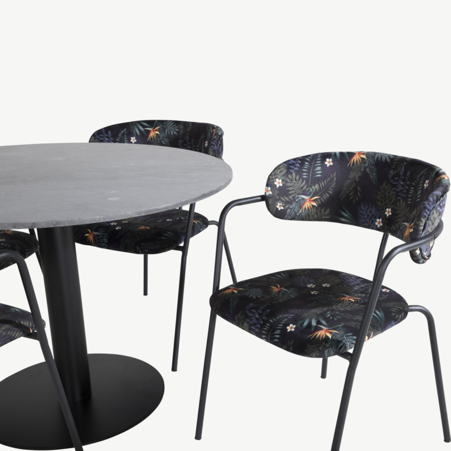 Ümmarguse marmorlauaga söögilaud Estelle ja Arrow tugitoolide komplekt (must, lillemustriline, ø106 cm), GR20499 – 2