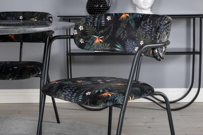 Ümmarguse marmorlauaga söögilaud Estelle ja Arrow tugitoolide komplekt (must, lillemustriline, ø106 cm) - GR20499