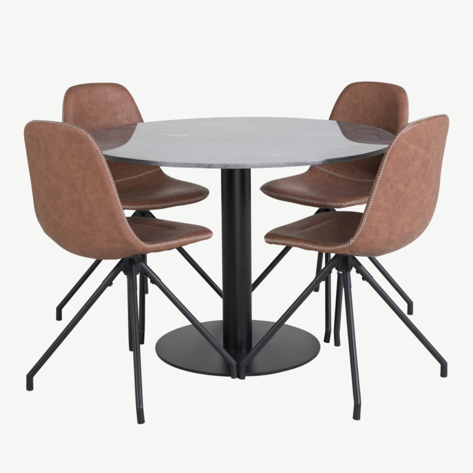 Estelle ümmargune marmorist söögilauakomplekt pööratavate Polar toolidega, pruun PU-kate, must metall, ø106 cm, GR20500