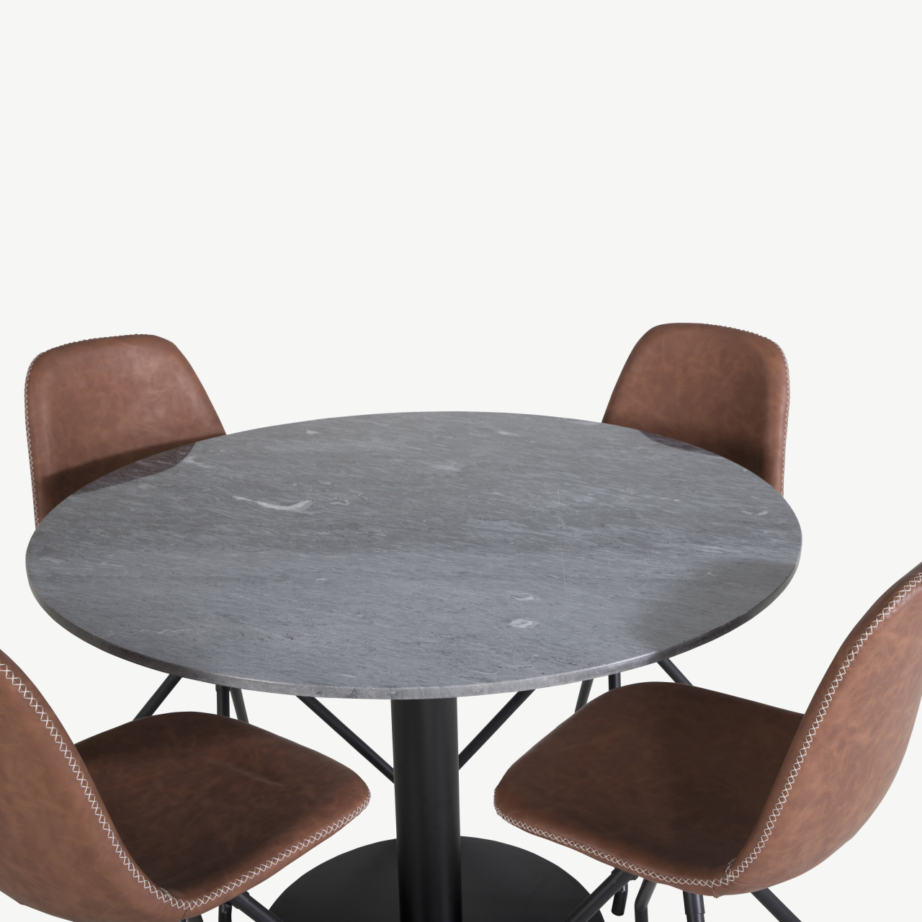 Estelle ümmargune marmorist söögilauakomplekt pööratavate Polar toolidega, pruun PU-kate, must metall, ø106 cm, GR20500 – 3