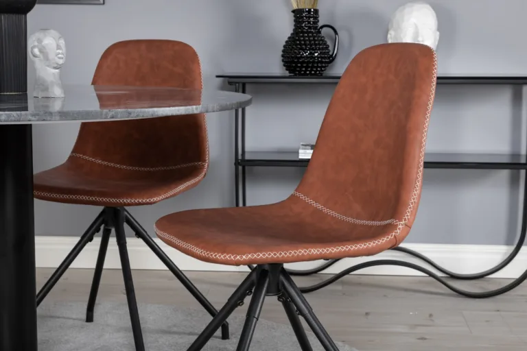 Estelle ümmargune marmorist söögilauakomplekt pööratavate Polar toolidega, pruun PU-kate, must metall, ø106 cm - GR20500