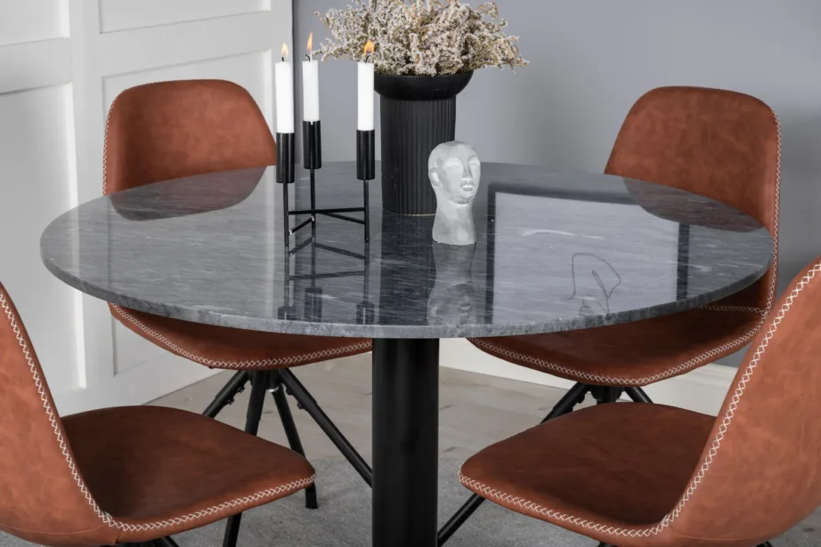 Estelle ümmargune marmorist söögilauakomplekt pööratavate Polar toolidega, pruun PU-kate, must metall, ø106 cm, GR20500 – 6