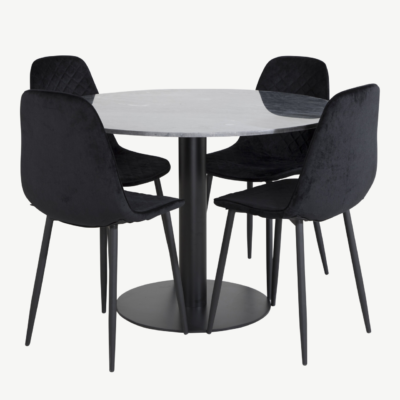 Estelle ümmargune marmorist söögilaud (⌀106 cm) ja mustad sametist Polar toolid - GR20503