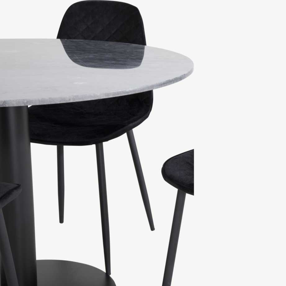 Estelle ümmargune marmorist söögilaud (⌀106 cm) ja mustad sametist Polar toolid, GR20503 – 2